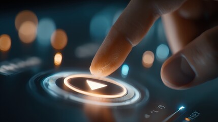 Digital Touch: A close-up view of a finger poised to press the play button on a futuristic digital interface.– Generative AI