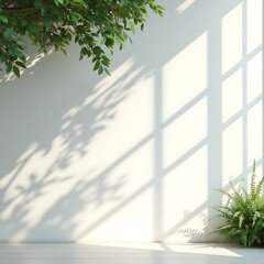 shadow overlay effect of natural tree leaves and window shadow over on white wall background,realistic summer abstract shadow overlay