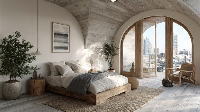 Dise&ntilde;o interior costero de dormitorio moderno con techo arqueado.