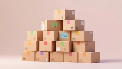 Fototapeta premium Colorful shipping labels on neatly stacked cardboard packages, representing modern e-commerce logistics