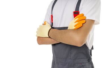 Worker in gloves ready for tasks, isolated on white, PNG