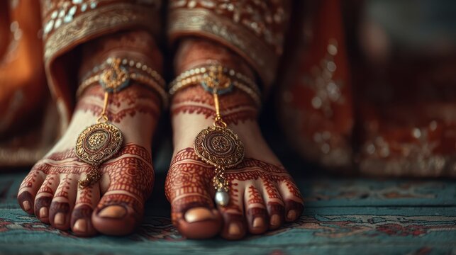 Ornate feet adorned with henna and traditional jewelry, resting on a colorful textile, showcasing cultural elegance and artistry.
