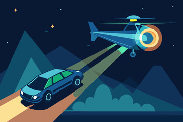Helicopter searchlight illuminating speeding car in night scene, top-down perspective, showcasing dynamic motion and dramatic lighting effects in a thrilling atmosphere