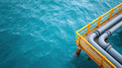 Aerial view of an oil platform featuring gray pipes and yellow railings above turquoise water showcasing a minimalist industrial landscape