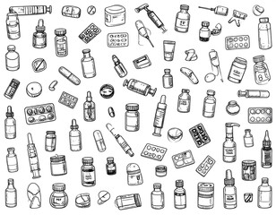 Fototapeta premium A chaotic yet organized collection of hand-drawn medical supplies