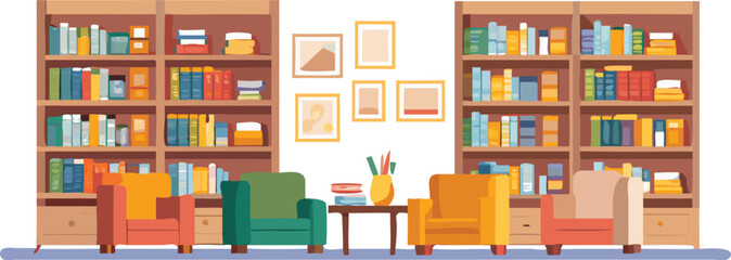 Interior of a library featuring rows of bookshelves and comfortable chairs for reading and studying. © Rizky