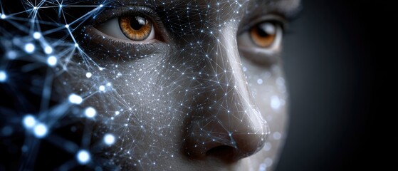 A close-up of a human-like face integrated with digital networks, showcasing a blend of technology and humanity.