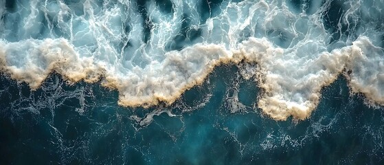 Fototapeta premium Aerial view of ocean waves crashing on sandy beach.