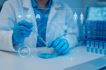 AI generated scientist in lab coat and blue gloves using pipette with transparent medical icons charts and human silhouette overlay representing advanced research and healthcare technology