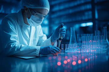 AI generated scientist in lab coat mask and gloves using pipette with test tubes under blue lighting accented by pink highlights for advanced biotechnology research concept