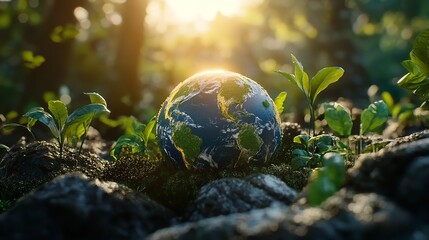 Earth globe nestled among young plants in the forest illuminated by bright sunlight from above