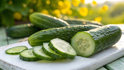 Cucumber and cucumber slice on white surface in garden in natural warm sunlight background