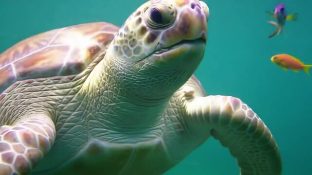 Close-up of a graceful sea turtle gliding through crystal-clear turquoise water, sunlight filtering down in shimmering beams, tiny fish swimming nearby