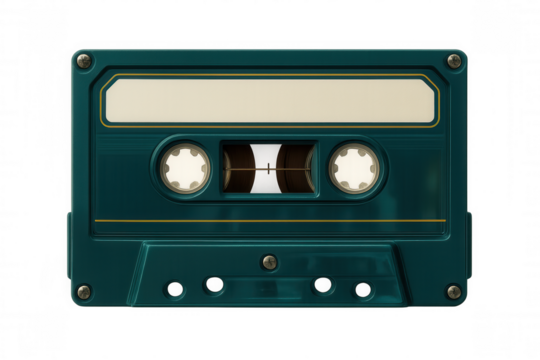 Green vintage audio cassette tape resting on transparent surface, highlighting analog music memory preservation