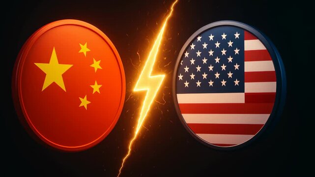 China USA trade tension conflict symbol with glowing lightning bolt between two round flags representing economic rivalry