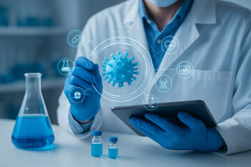 AI generated scientist in lab coat and gloves holding 3D virus model with holographic medical icons while using tablet surrounded by blue laboratory glassware for research concept