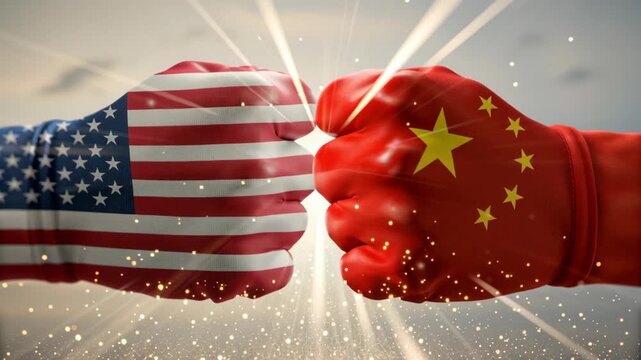 Fist fight with China and USA flag gloves symbolizing trade tension and conflict international relations with two fists facing
