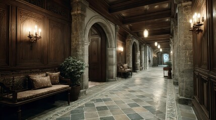 Fototapeta premium Hallway with stone tile floor and wood paneling.