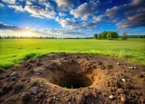 Freshly dug gopher hole in the ground with earth and soil scattered around