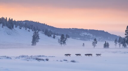 Obraz premium Wolves running across a snow covered field with trees and hills under a pastel colored sky at dusk