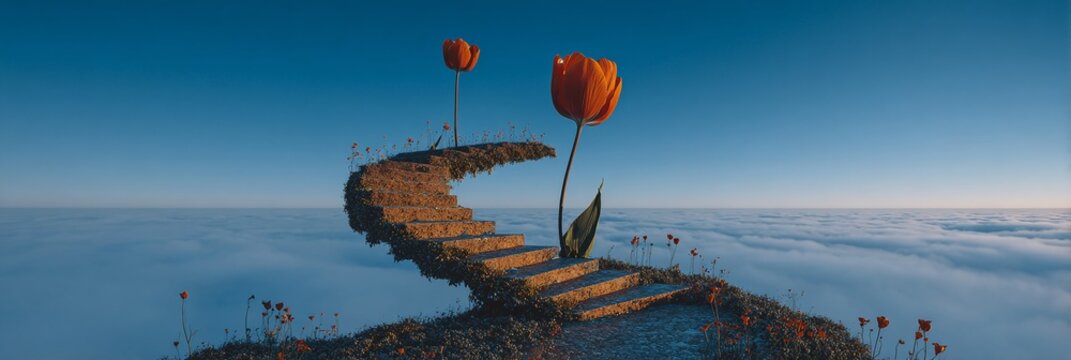 Eine surreale Treppe f&uuml;hrt durch eine Wolkendecke zu riesigen Tulpen unter einem klaren blauen Himmel.