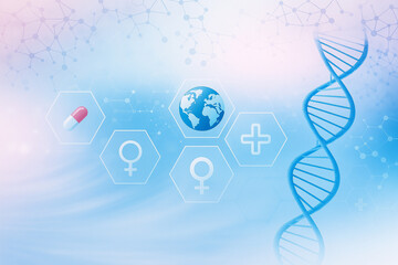 AI generated conceptual image blending DNA structure medical icons and molecular graphics representing global science health and biotechnology research in a clean futuristic style
