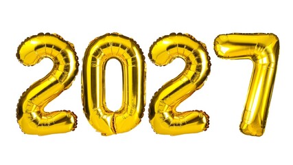 A stylish set of golden foil balloons spelling out 2027 against a white background. Perfect for New...