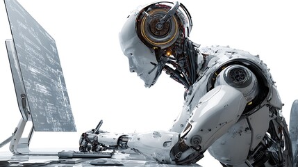 A futuristic AI assistant working on scientific data, white background 