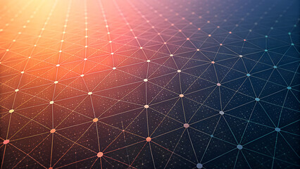 Abstract network of interconnected glowing nodes and lines creating a futuristic digital web with a warm orange to cool blue gradient background