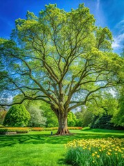 Fototapeta premium Ancient Platanus occidentalis tree stands tall amidst lush greenery in a vibrant spring botanical garden with an emerald grass lawn and wildflowers