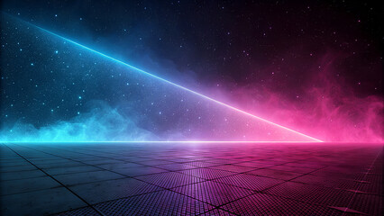 A dramatic diagonal beam of vibrant neon blue light cuts across a dark smoky and textured surface illuminated by contrasting pink and blue atmospheric lighting