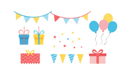 Celebrate birthday party with balloons gifts and colorful banner vector illustration for happy occasion 100