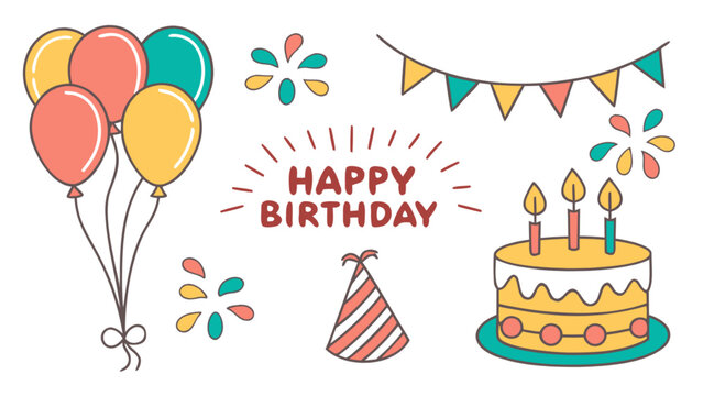 Happy birthday party decoration svg vector design with cake balloons and party hat for birthday celebration