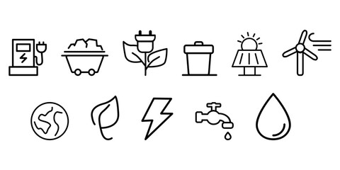 This eco energy and environment icon set features 11 minimalist line icons representing renewable energy, sustainability, and environmental care. Included icons: electric charging station, coal mining