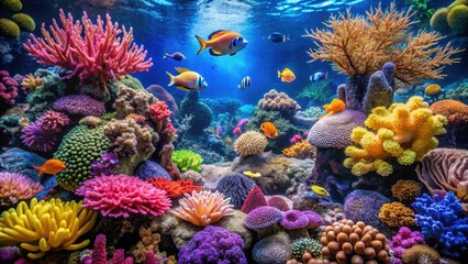 Colorful coral reef aquarium with vibrant aquatic plants and fish swimming in harmony