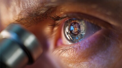 Close-up of a person's eye reflecting a circuit board and a light source.