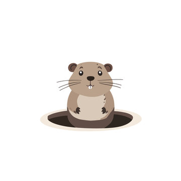 Cartoon Groundhog Emerging from Hole with Whiskers and Buck Teeth