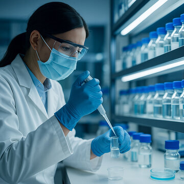 AI generated image of a female scientist in a modern lab wearing protective gear using a pipette with precision surrounded by organized bottles under cool lighting