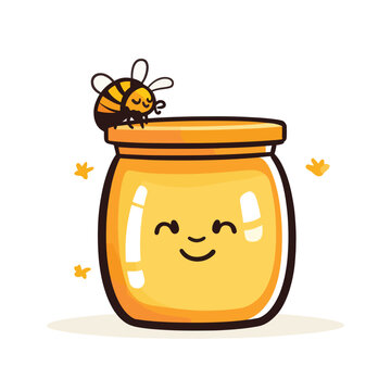 Cartoon honey jar with a smiling face and a small bee on top