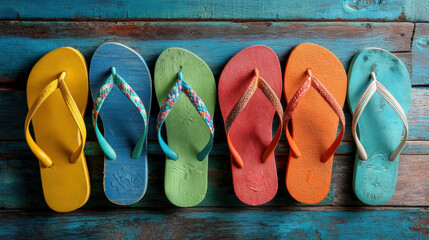 Colorful flip flops arranged on rustic wooden surface, showcasing vibrant summer footwear