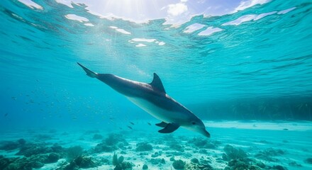 Fototapeta premium A dolphin swimming in clear blue ocean water, sunlight beams through, tropical paradise background