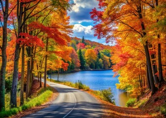 Obraz premium A winding road lined with vibrant fall foliage