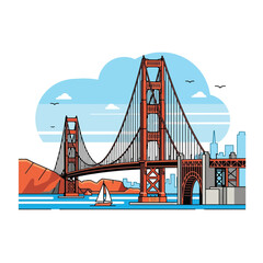 A stylized illustration of the Golden Gate Bridge, city skyline, and a sailboat.