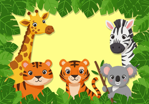 Colorful flat vector of elephant, giraffe, and tiger in forest, World Animal Day celebration of wildlife diversity and nature beauty.