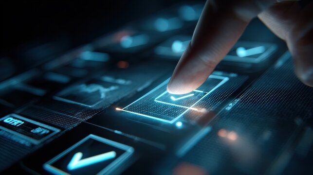 Technology Interface Interaction: a hand interacting with a futuristic technology interface, selecting options with precision and purpose. The digital interface glows with data streams.– Generative AI