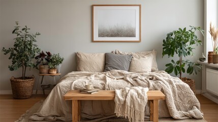 Interior design of bedroom interior with mock up poster frame, cozy bed, beige bedding, plants in flowerpots, stylish wooden bench, lamp and personal accessories.