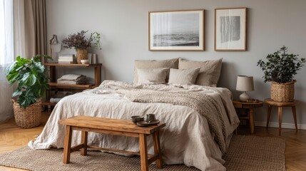 Interior design of bedroom interior with mock up poster frame, cozy bed, beige bedding, plants in flowerpots, stylish wooden bench, lamp and personal accessories.