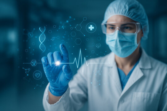 AI generated futuristic scene of a medical scientist in protective gear interacting with a holographic interface displaying heartbeat waveform DNA and medical icons