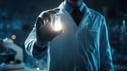 Male scientist holding a glowing vial in a laboratory environment.
