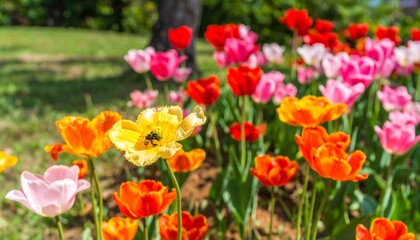 Fototapeta premium Tulips bloom in sunlit field